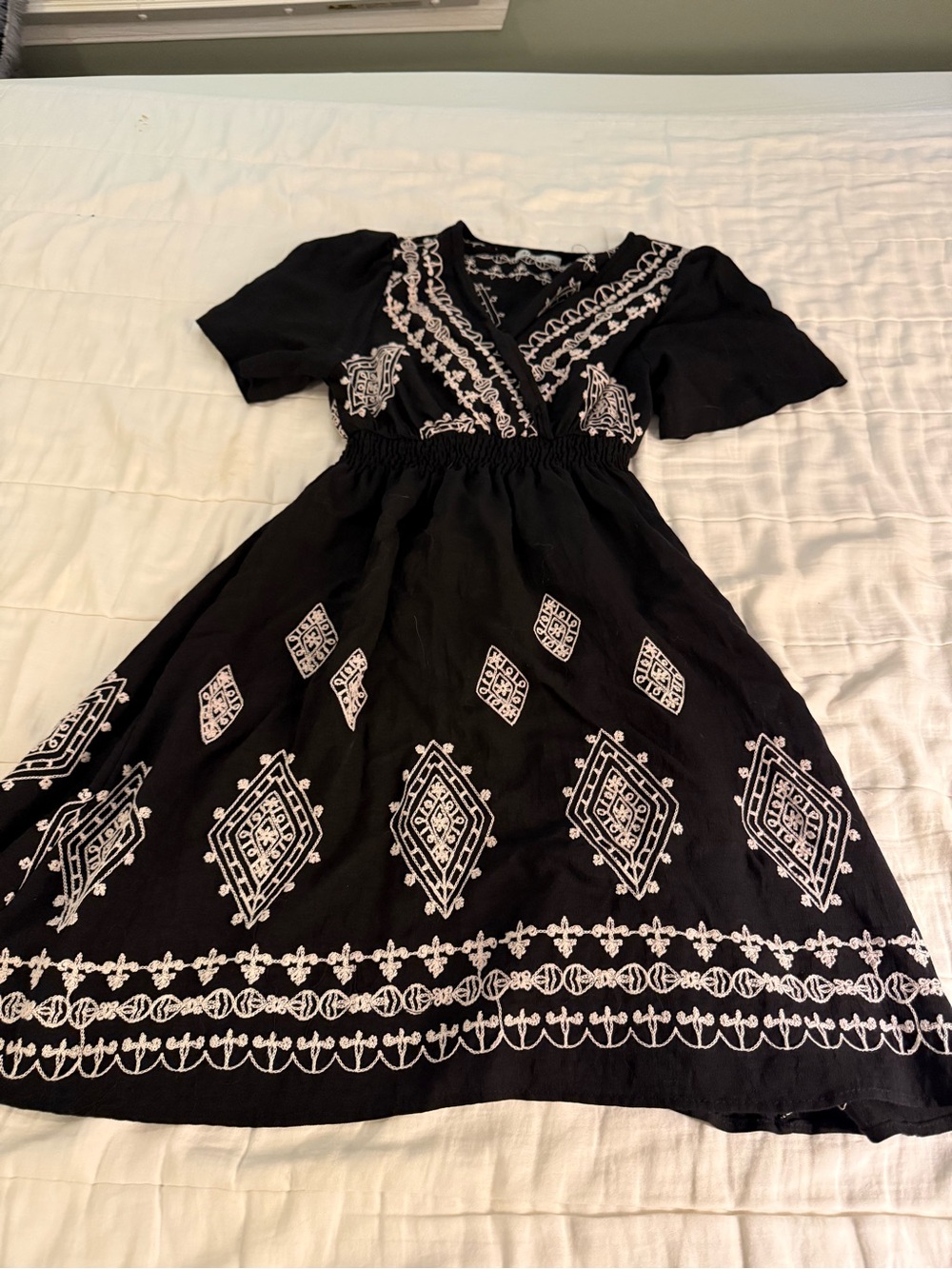 Black Embroidered V-Neck Midi Dress with White Trim